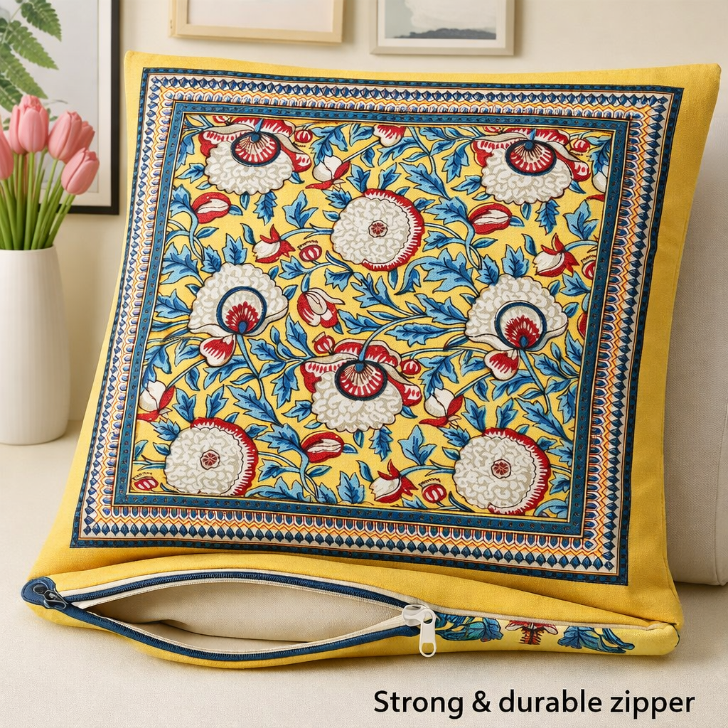 Vasanta Bloom Cushion Covers 16x16 Inches Pack of 5 | Jaipuri Hand Block Print Cotton Pillow Covers | Soft 300 TC Decorative Throw Cushion Cover Set