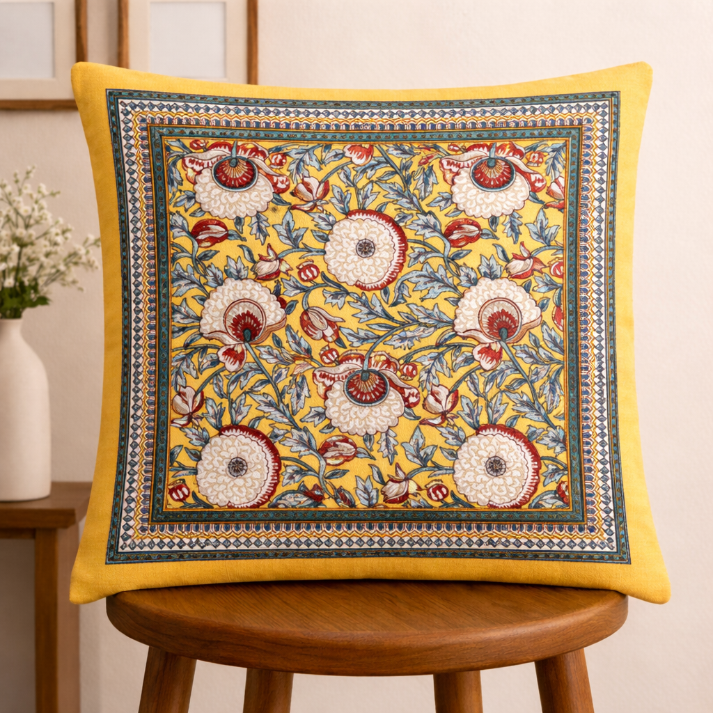 Vasanta Bloom Cushion Covers 16x16 Inches Pack of 5 | Jaipuri Hand Block Print Cotton Pillow Covers | Soft 300 TC Decorative Throw Cushion Cover Set