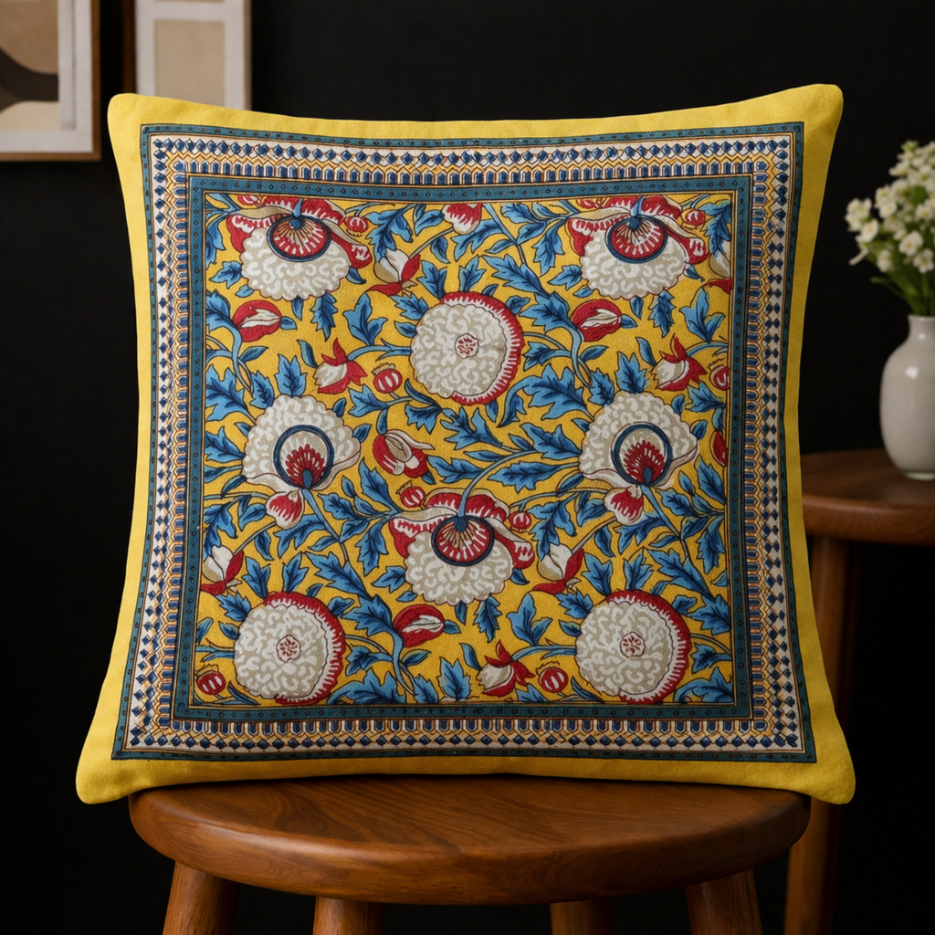 Vasanta Bloom Cushion Covers 16x16 Inches Pack of 5 | Jaipuri Hand Block Print Cotton Pillow Covers | Soft 300 TC Decorative Throw Cushion Cover Set