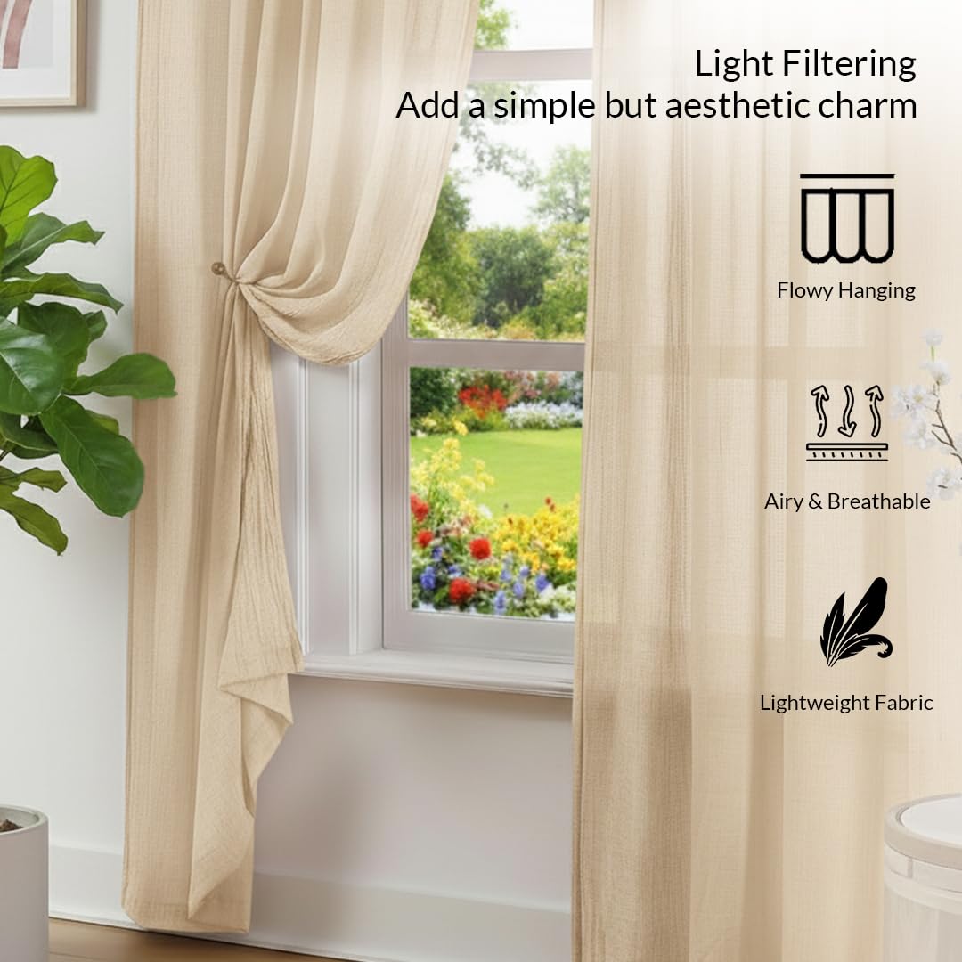 Beige 7 Feet Sheer Curtains for Door & Window | 100% Polyester | Light & Noise Blocking