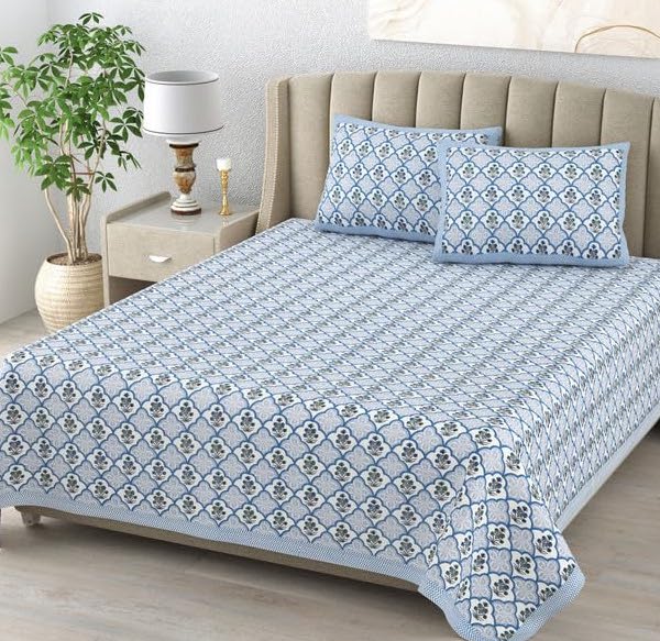Blue Blossom Hand Block Printed Cotton King Bedsheet Set