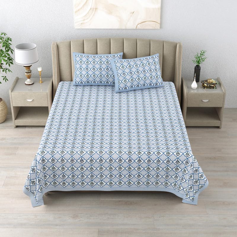 Blue Blossom Hand Block Printed Cotton King Bedsheet Set | 90×108 | 240 TC