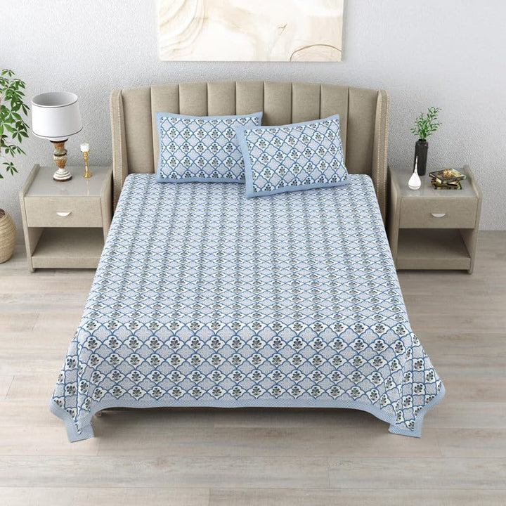 Blue Blossom Hand Block Printed Cotton King Bedsheet Set | 90×108 | 240 TC