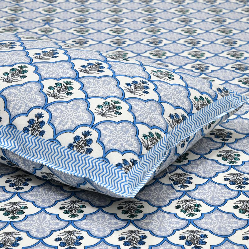 Blue Blossom Hand Block Printed Cotton King Bedsheet Set | 90×108 | 240 TC