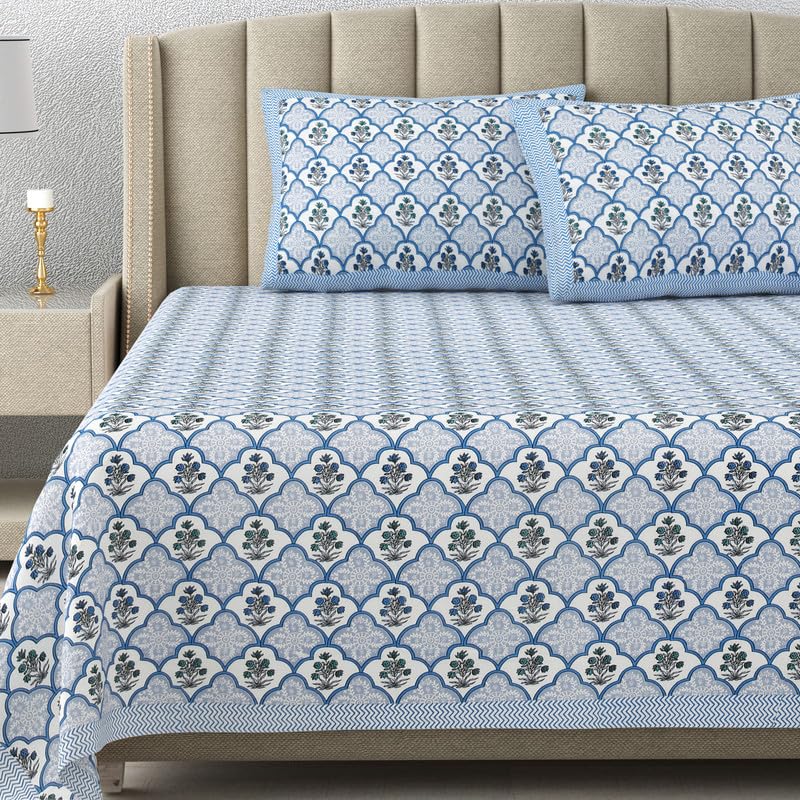 Blue Blossom Hand Block Printed Cotton King Bedsheet Set | 90×108 | 240 TC