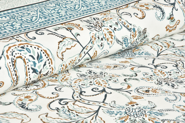 Blue Floral Feast Hand Block Printed Cotton King Bedsheet Set | 90×108 | 240 TC