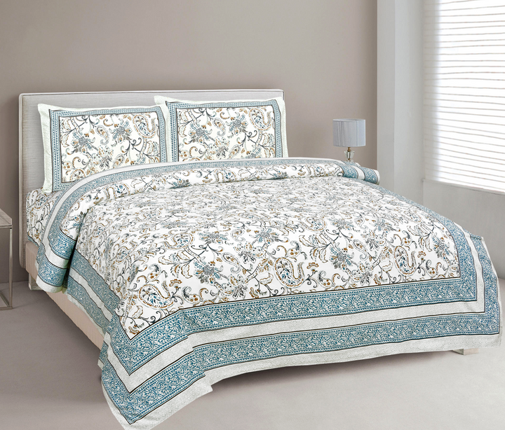 Blue Floral Feast Hand Block Printed Cotton King Bedsheet Set