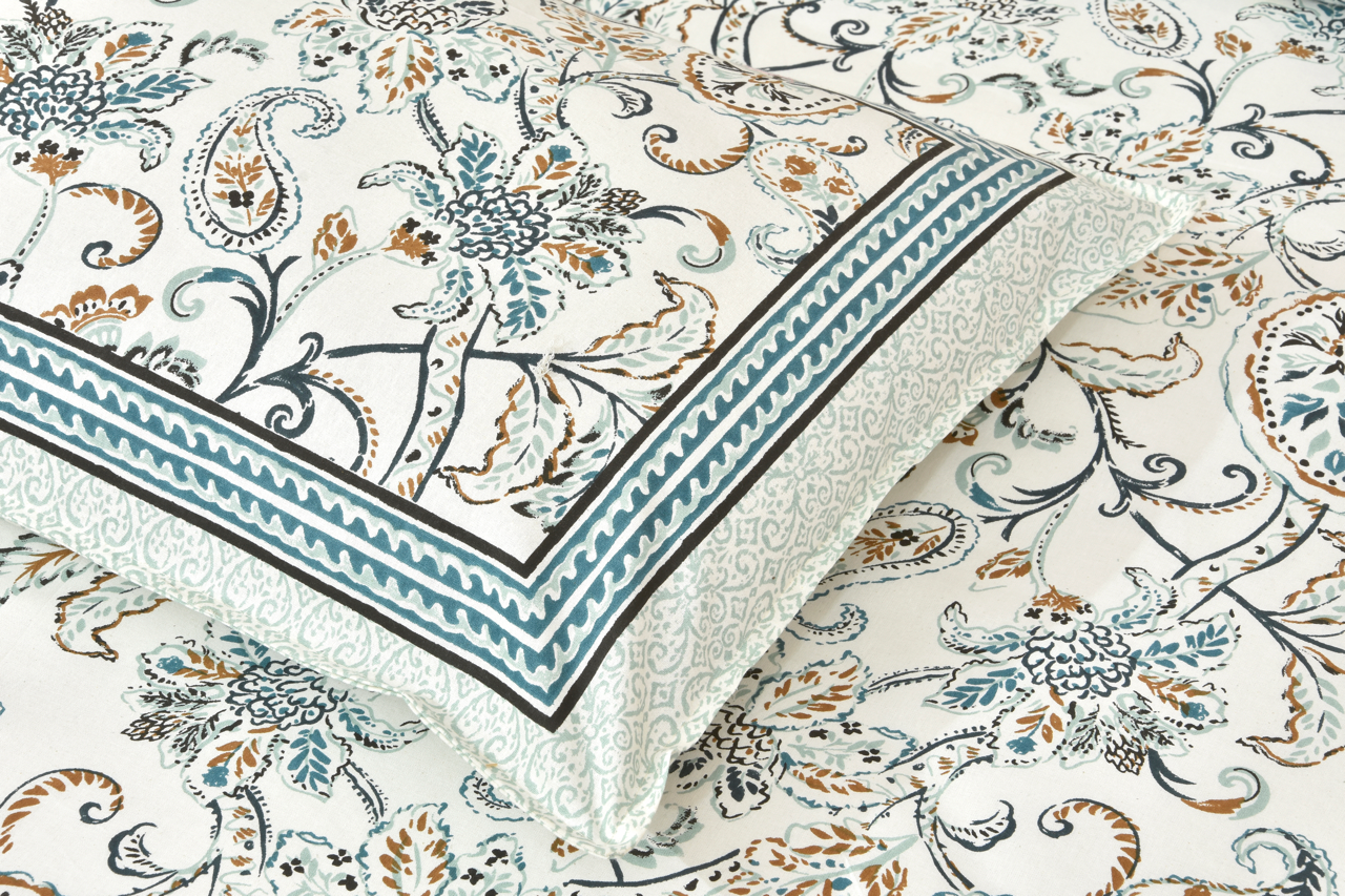 Blue Floral Feast Hand Block Printed Cotton King Bedsheet Set | 90×108 | 240 TC