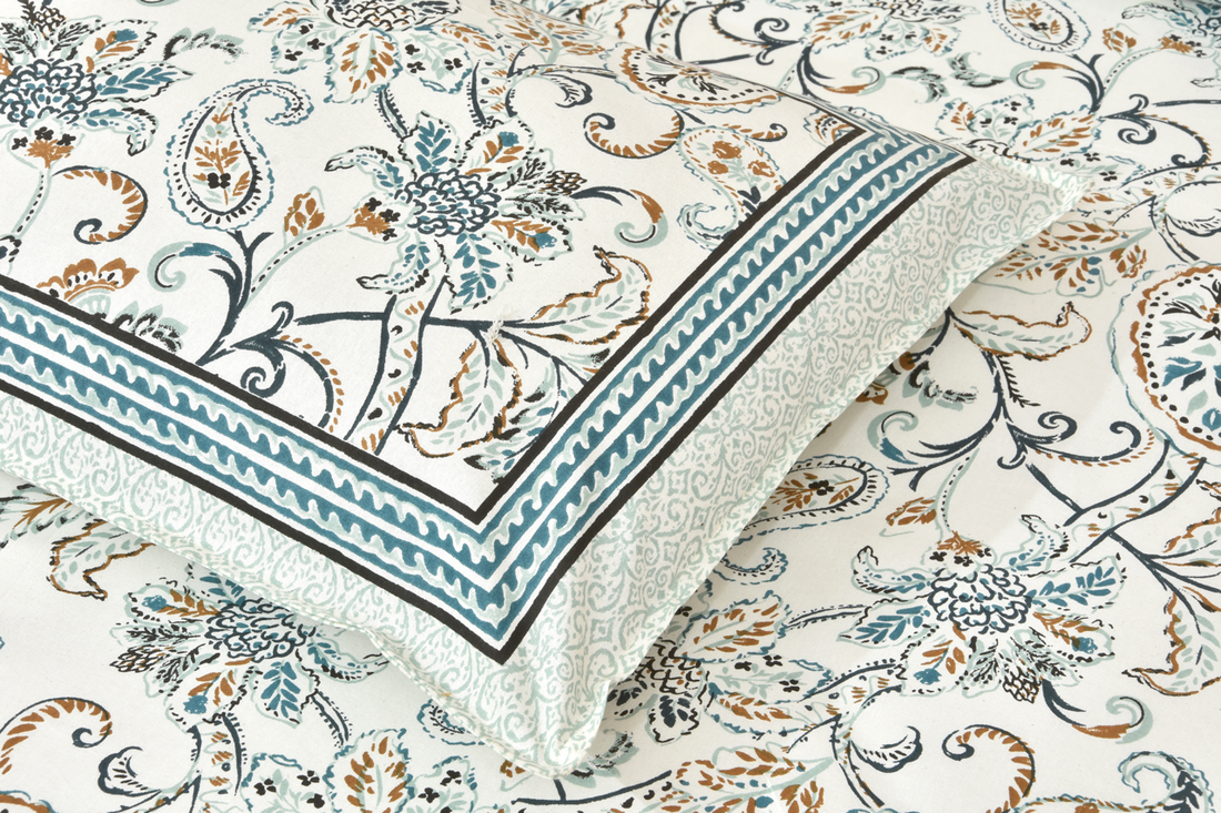 Blue Floral Feast Hand Block Printed Cotton King Bedsheet Set | 90×108 | 240 TC