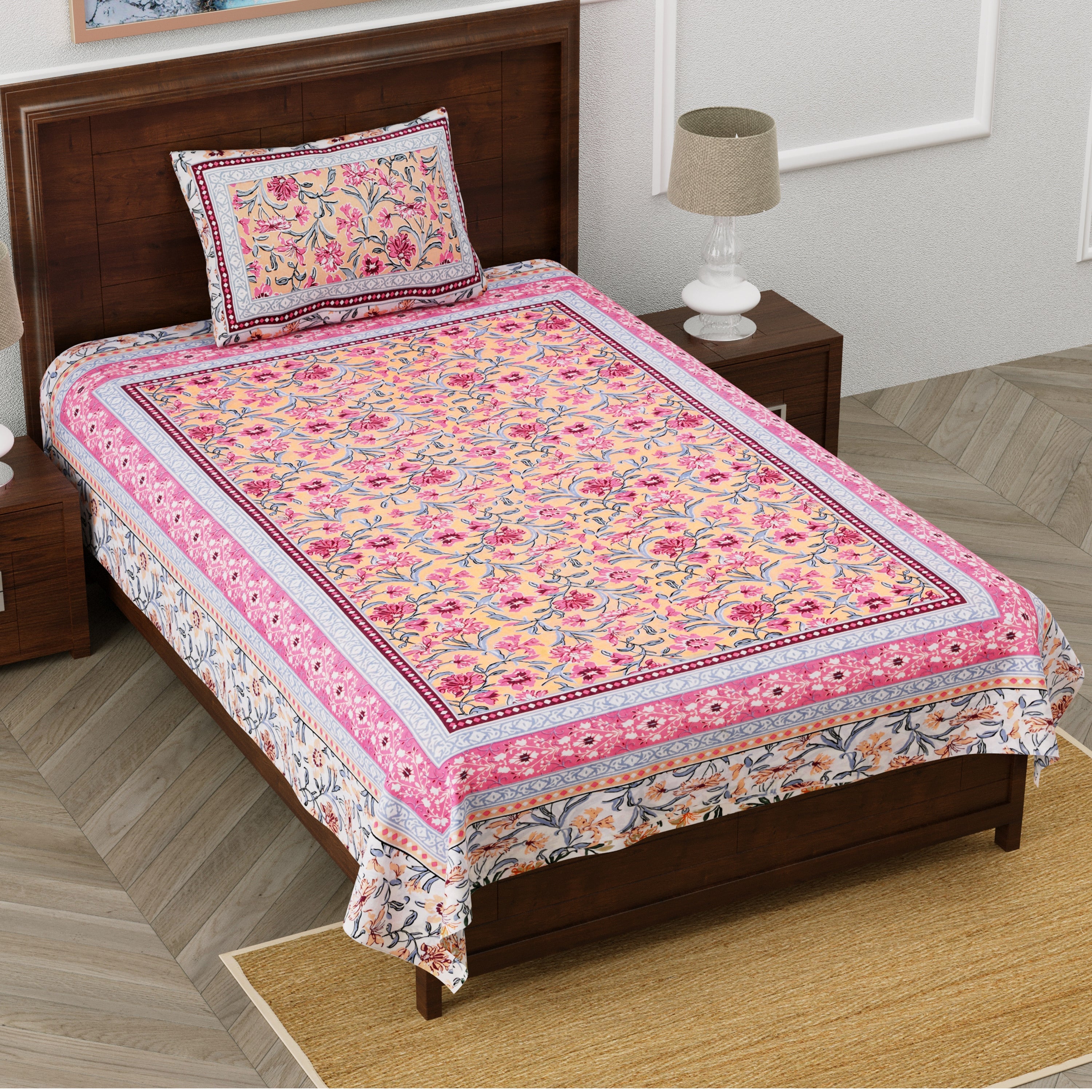 Blush Garden Hand Block Printed Cotton Single Bedsheet 60x90 inches