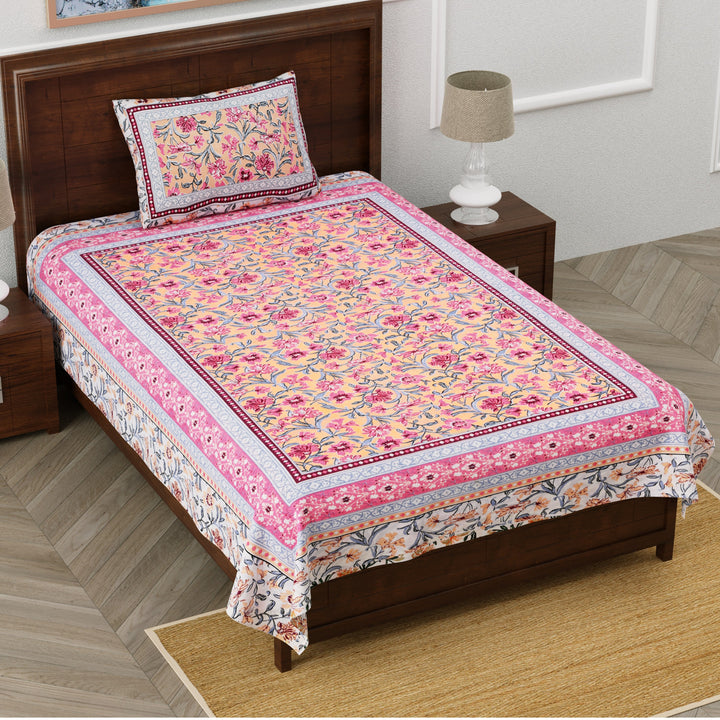 Blush Garden Hand Block Printed Cotton Single Bedsheet 60x90 inches
