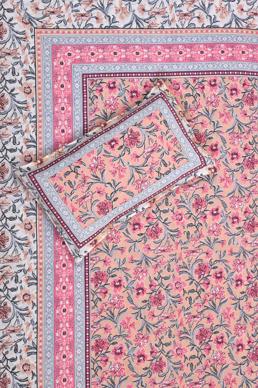 Blush Garden Hand Block Printed Cotton Single Bedsheet | 60x90 inches