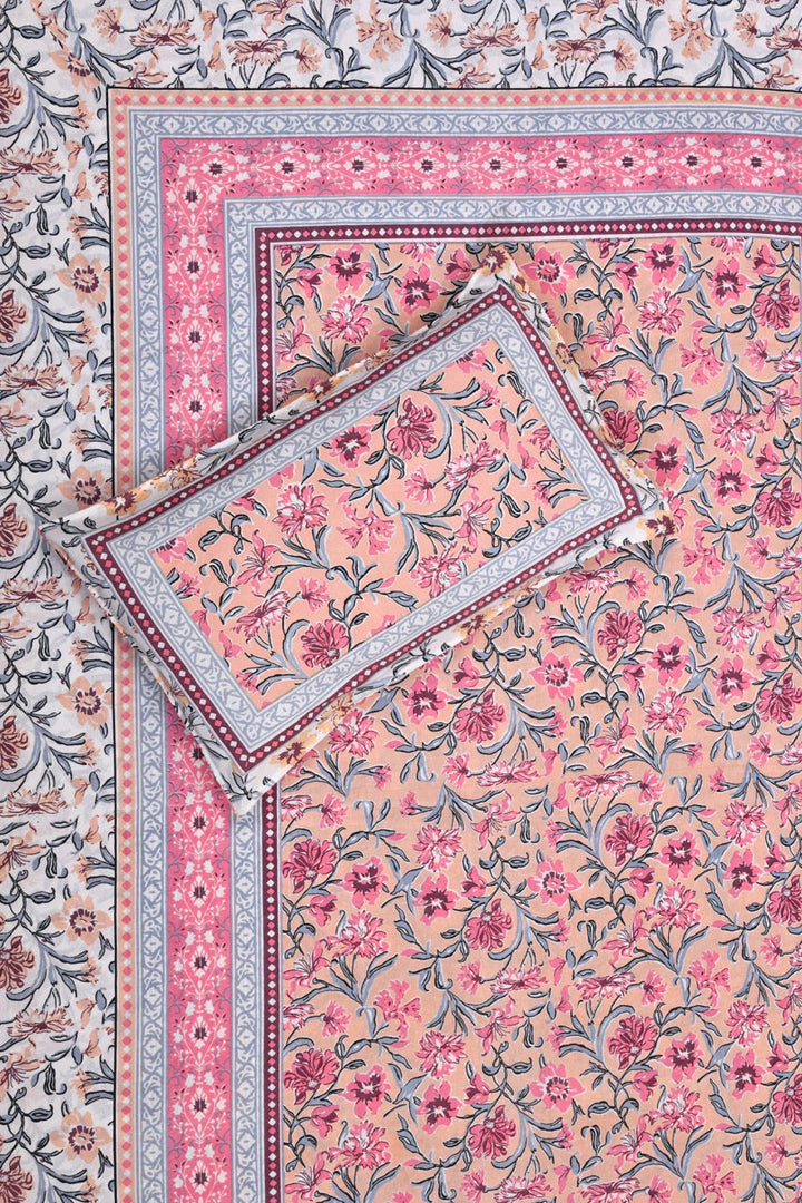 Blush Garden Hand Block Printed Cotton Single Bedsheet | 60x90 inches