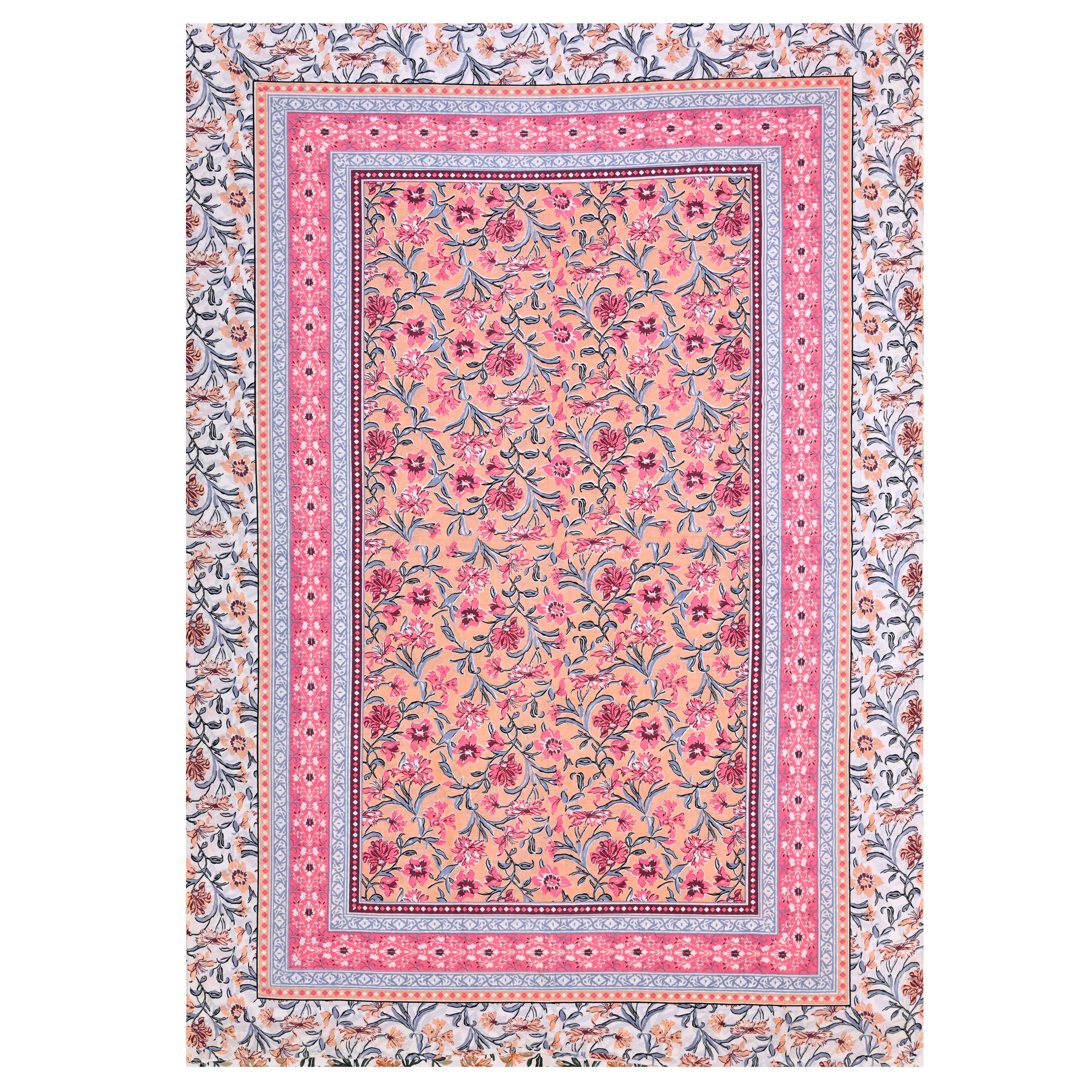 Blush Garden Hand Block Printed Cotton Single Bedsheet | 60x90 inches