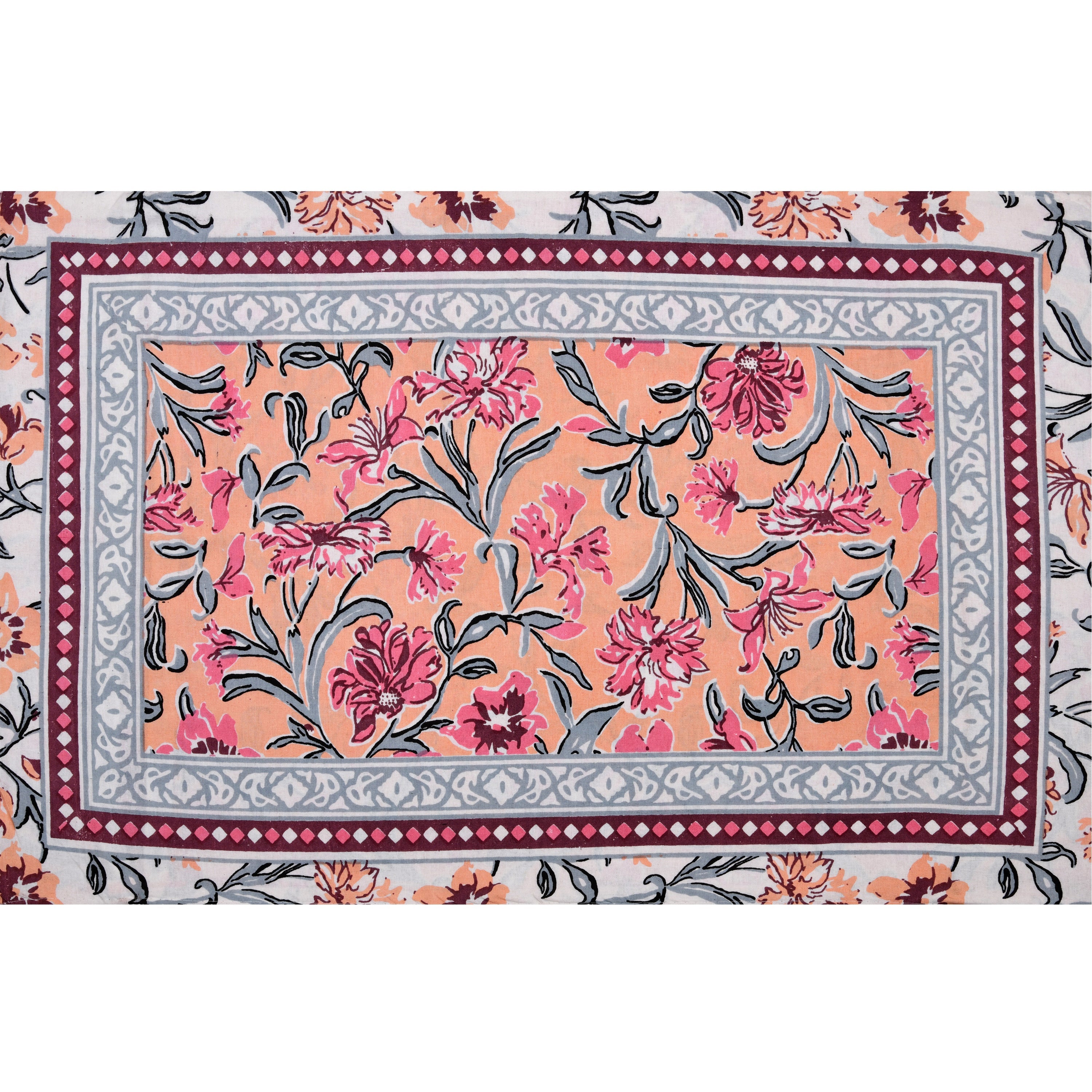 Blush Garden Hand Block Printed Cotton Single Bedsheet | 60x90 inches