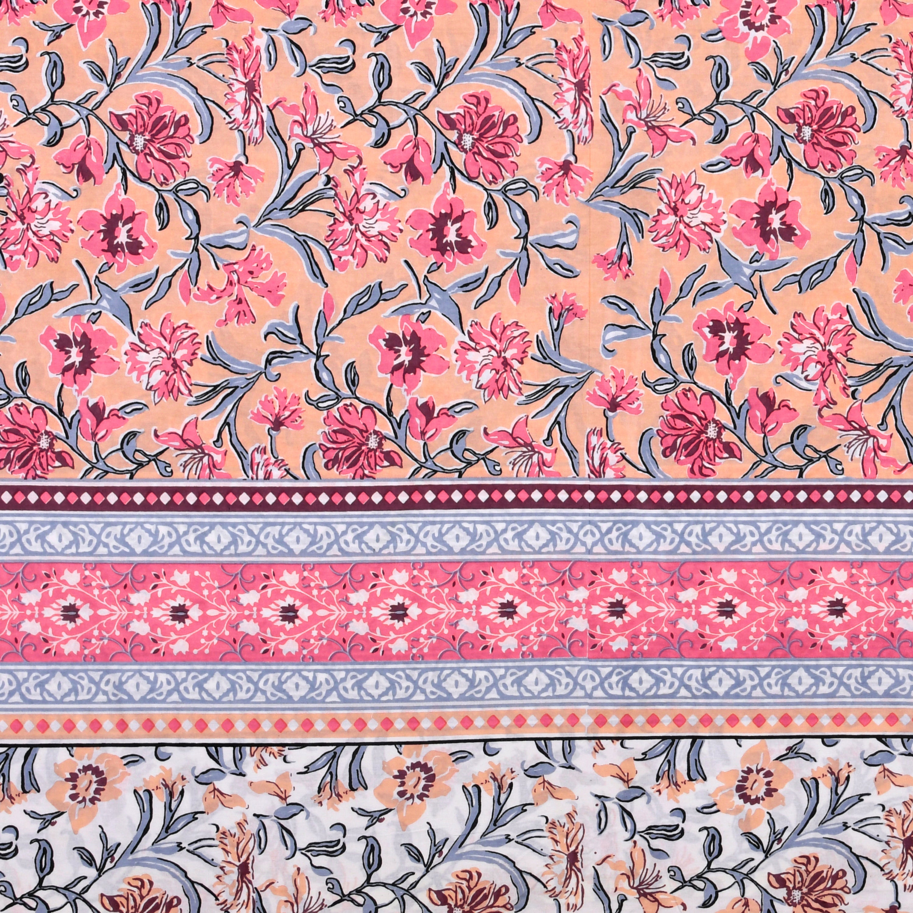 Blush Garden Hand Block Printed Cotton Single Bedsheet | 60x90 inches