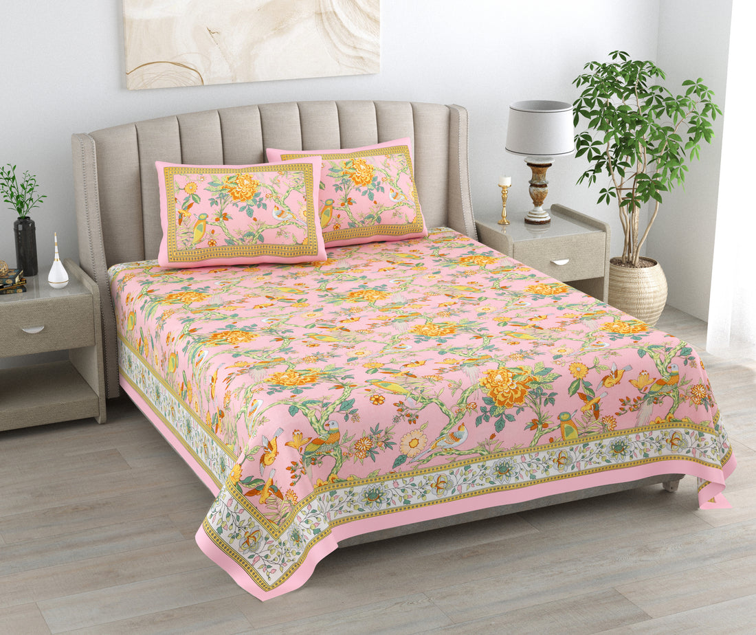 Gulabi Bagh Hand Block Printed Cotton Super King Bedsheet Set | 108x108 | 240 TC