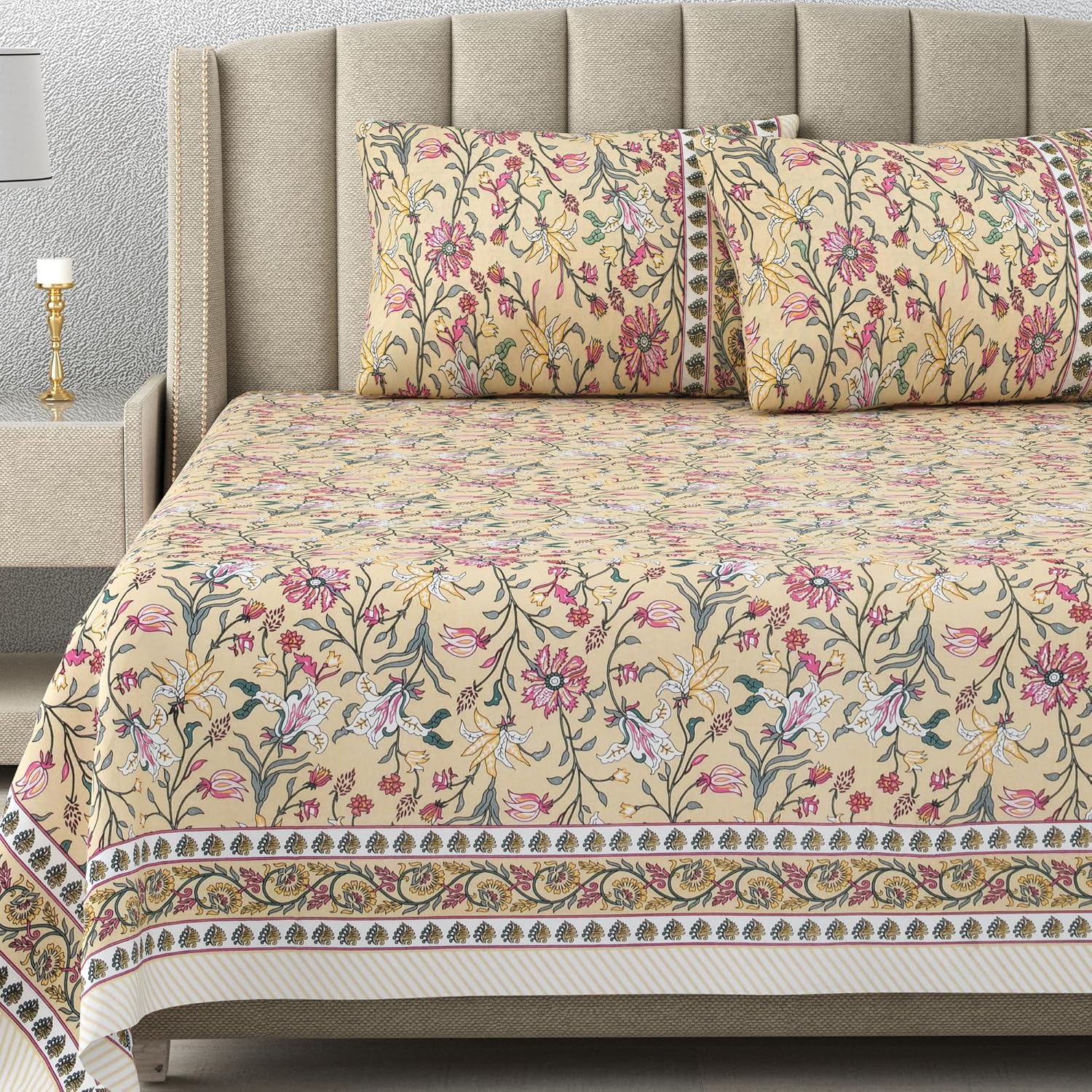 Dessert Blossom Hand Block Printed Cotton King Bedsheet Set