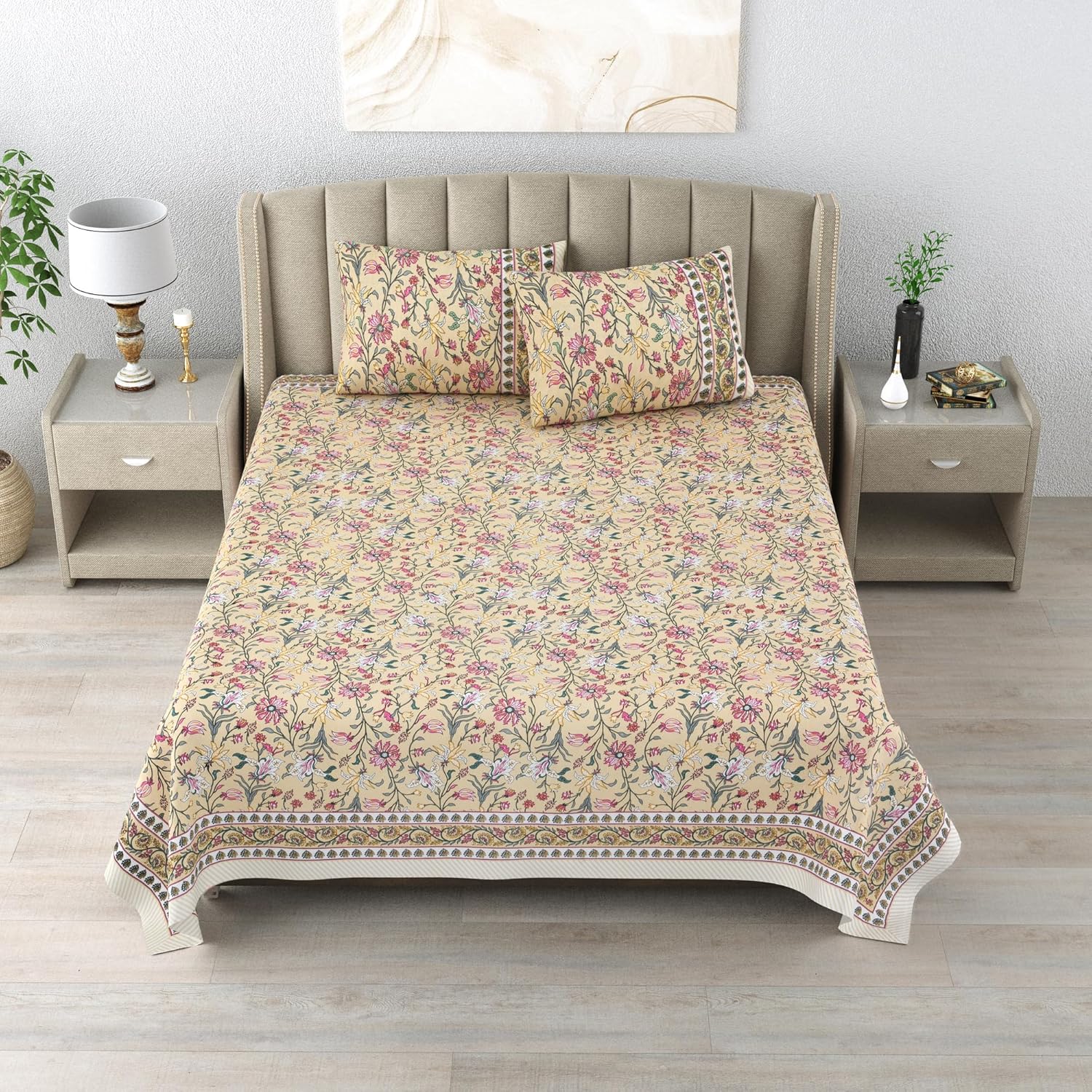 Dessert Blossom Hand Block Printed Cotton King Bedsheet Set | 90×108 | 240 TC