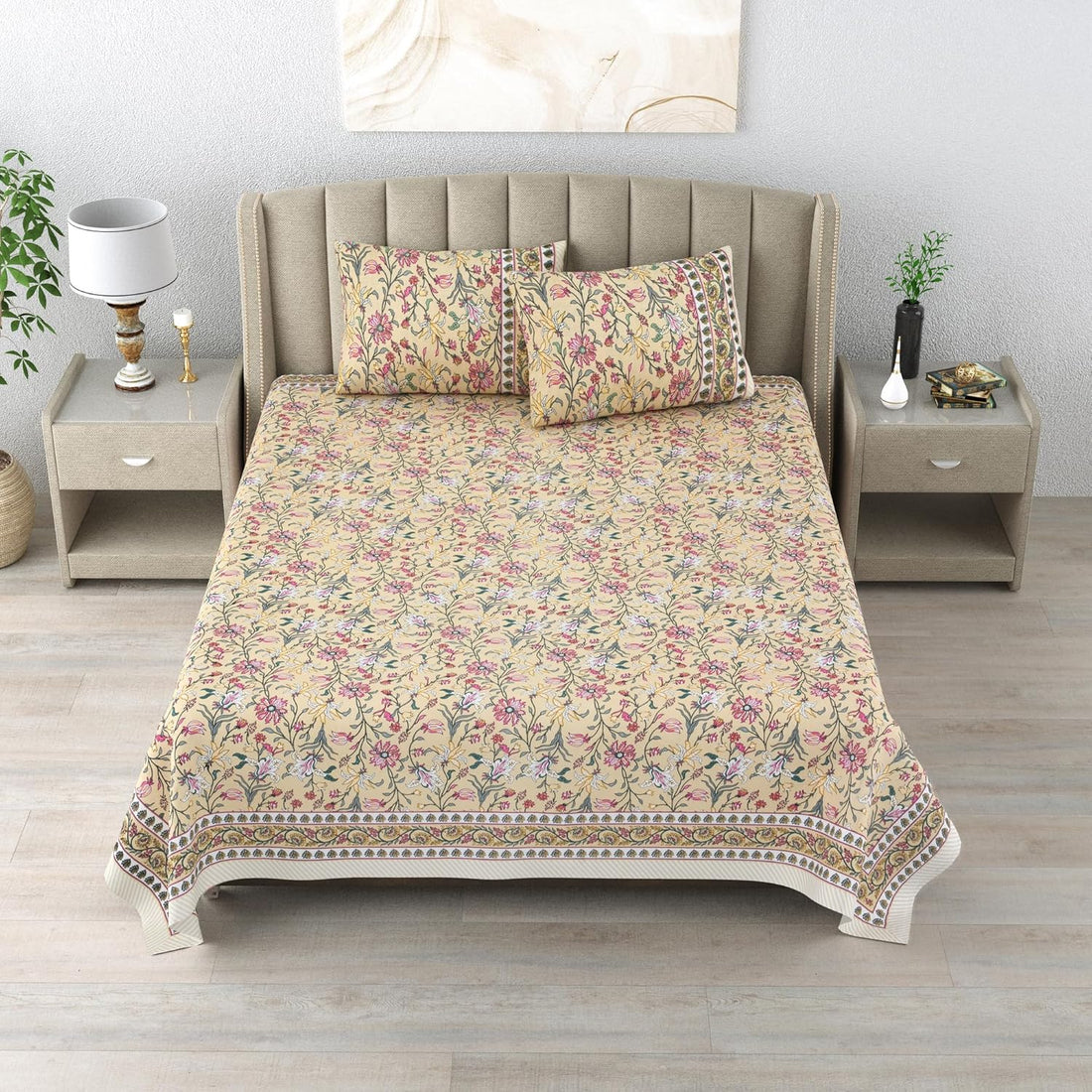 Dessert Blossom Hand Block Printed Cotton King Bedsheet Set | 90×108 | 240 TC