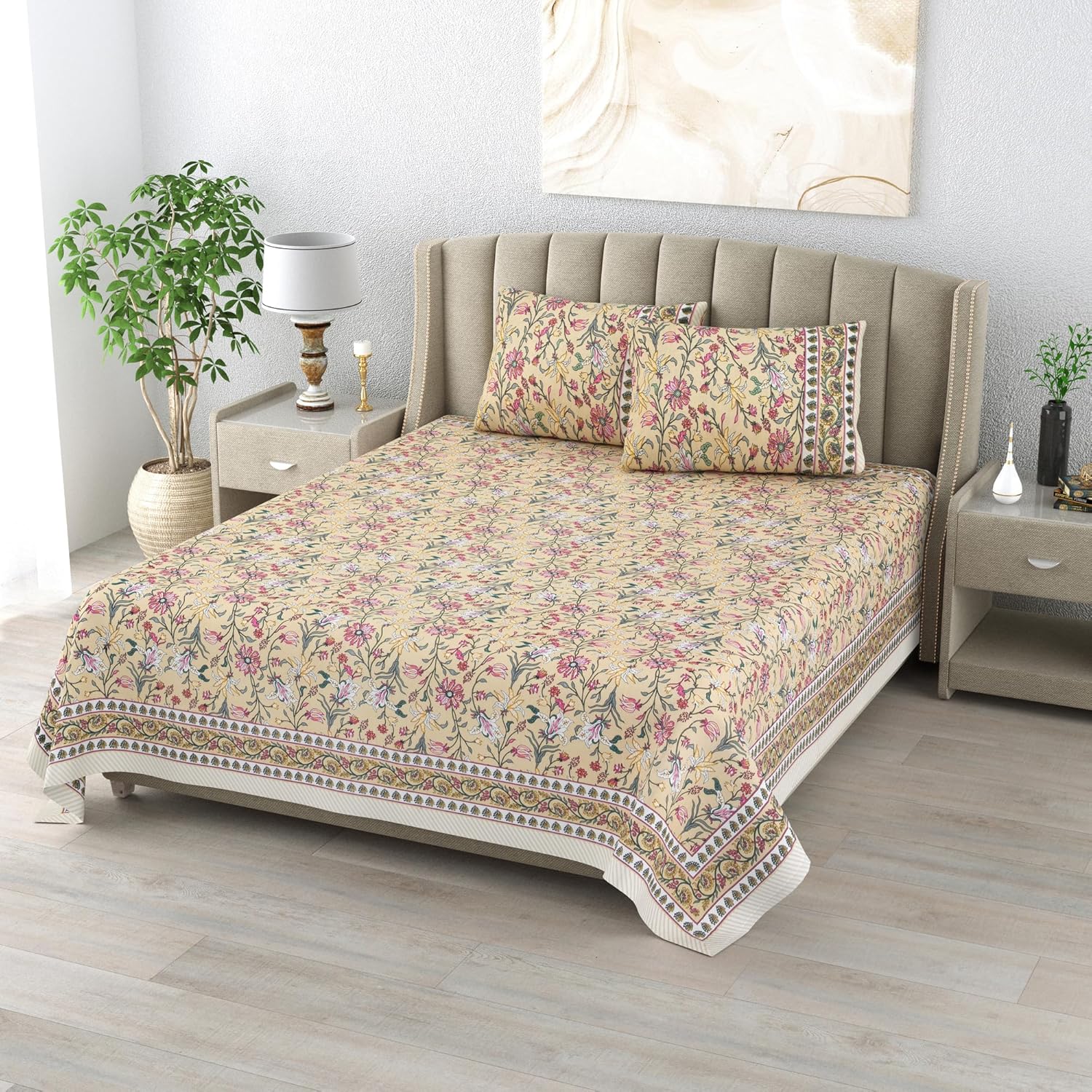 Dessert Blossom Hand Block Printed Cotton King Bedsheet Set | 90×108 | 240 TC