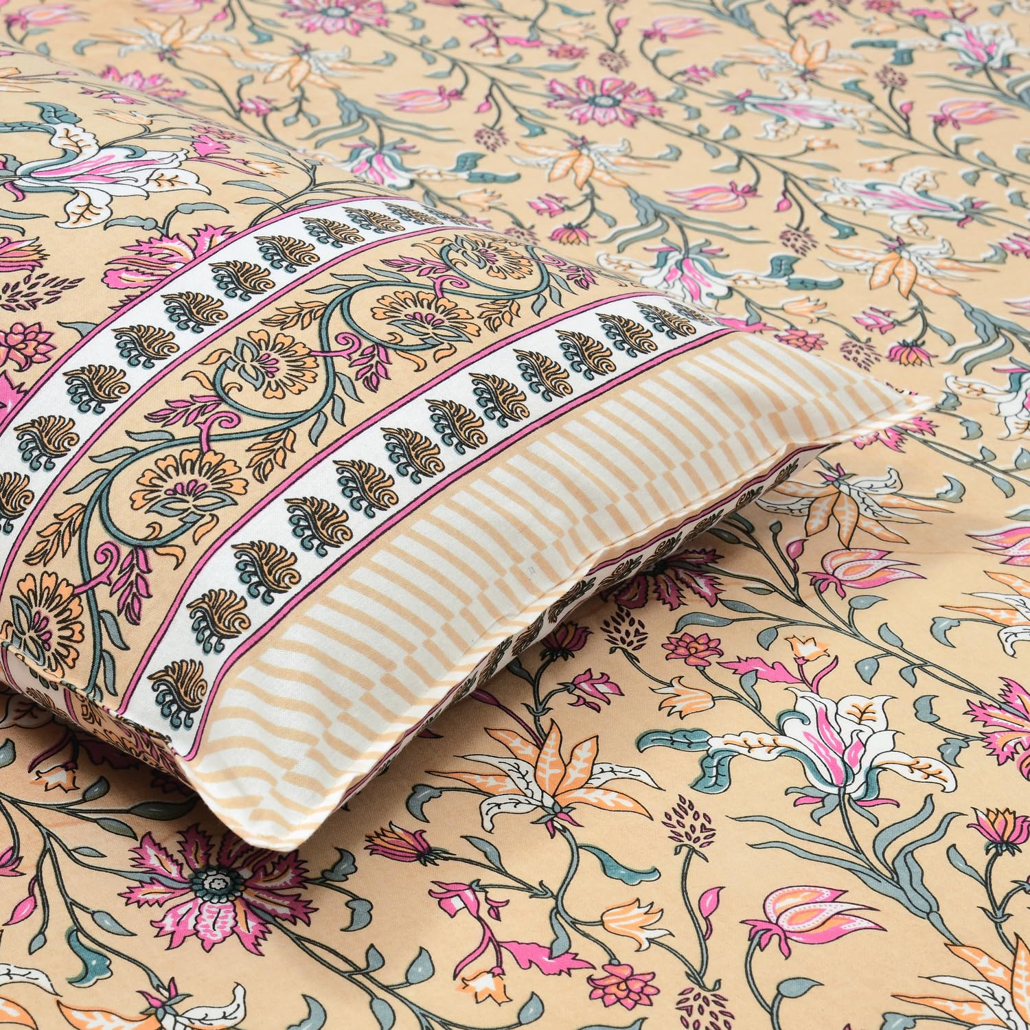 Dessert Blossom Hand Block Printed Cotton King Bedsheet Set | 90×108 | 240 TC