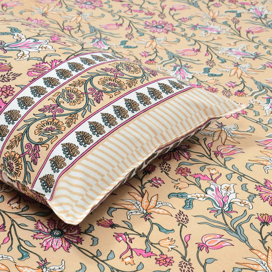 Dessert Blossom Hand Block Printed Cotton King Bedsheet Set | 90×108 | 240 TC