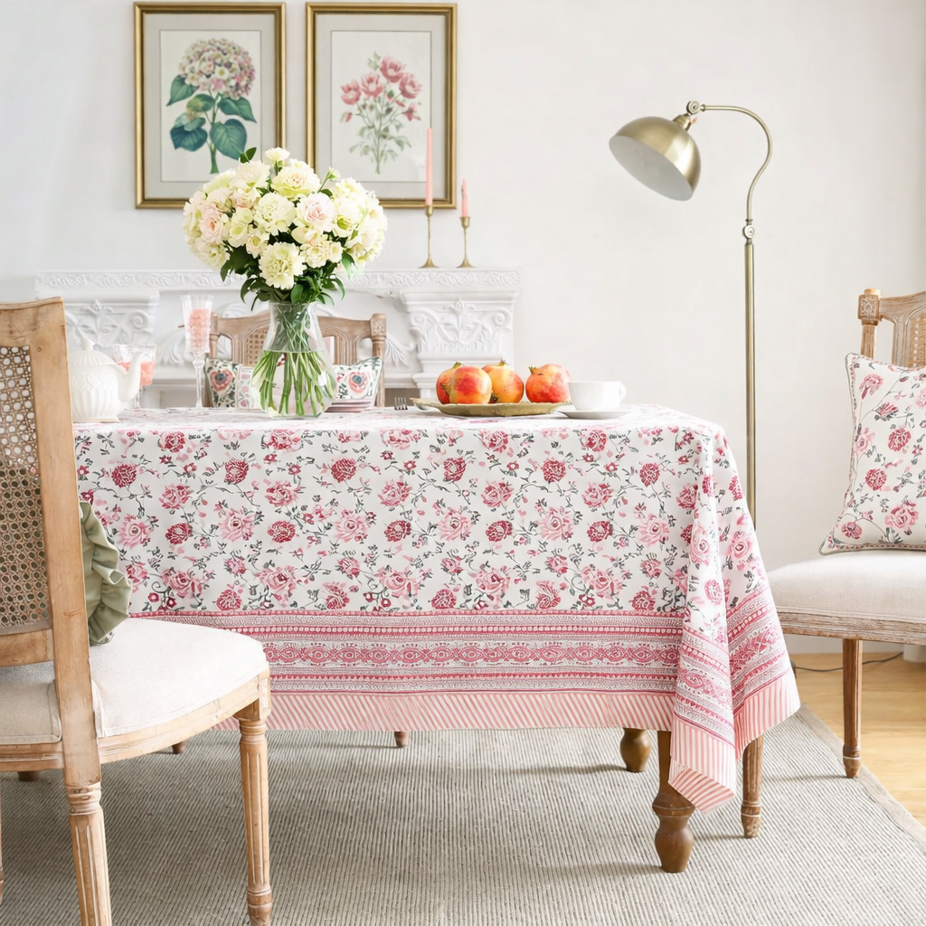 Pink Shalimar Jaal Hand Block Printed Cotton Table Cover I 6 Seater