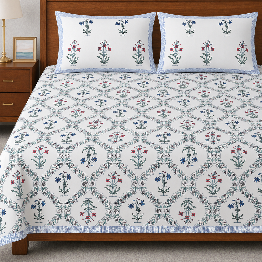 Rajwada Jaal Hand Block Printed Cotton King Bedsheet Set
