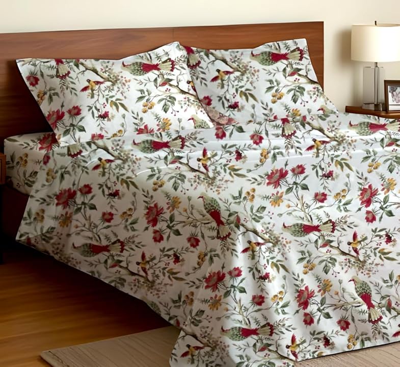 Flying Petals Hand Block Printed Cotton King Bedsheet Set | 90×108 | 240 TC