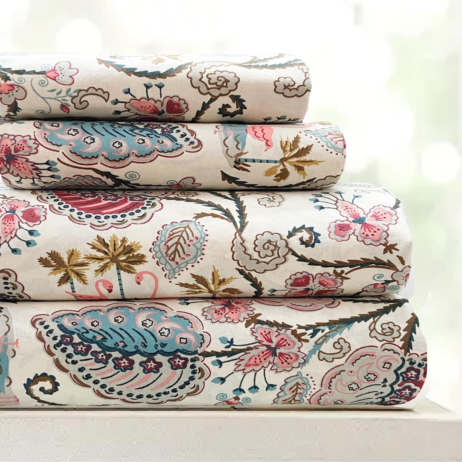 Flamingo Petals Hand Block Printed Cotton King Bedsheet Set