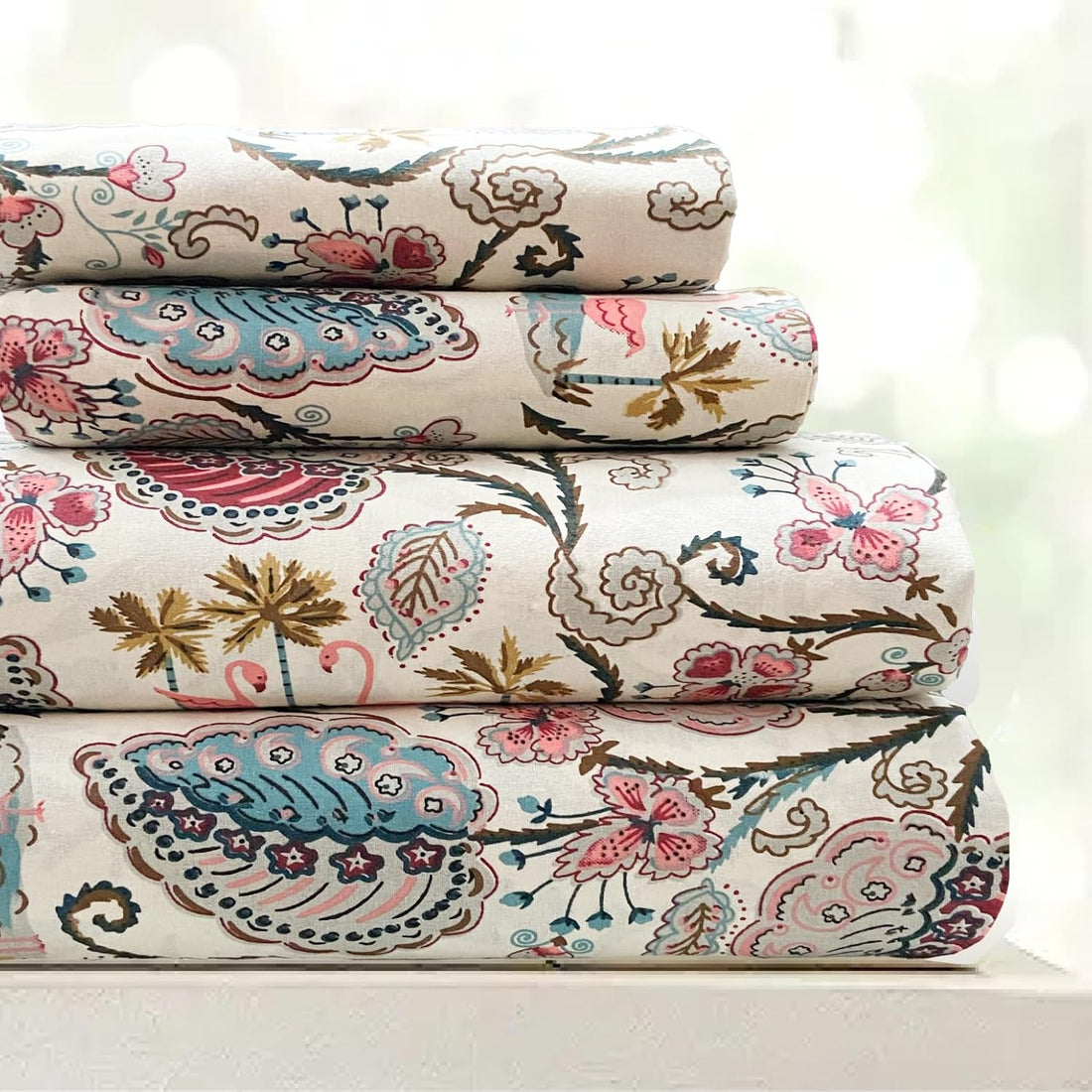 Flamingo Petals Hand Block Printed Cotton King Bedsheet Set