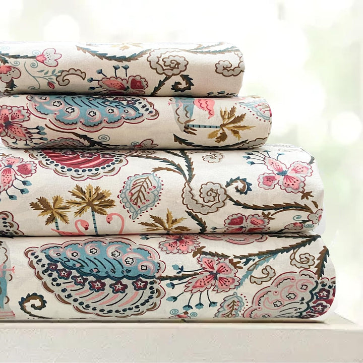 Flamingo Petals Hand Block Printed Cotton King Bedsheet Set