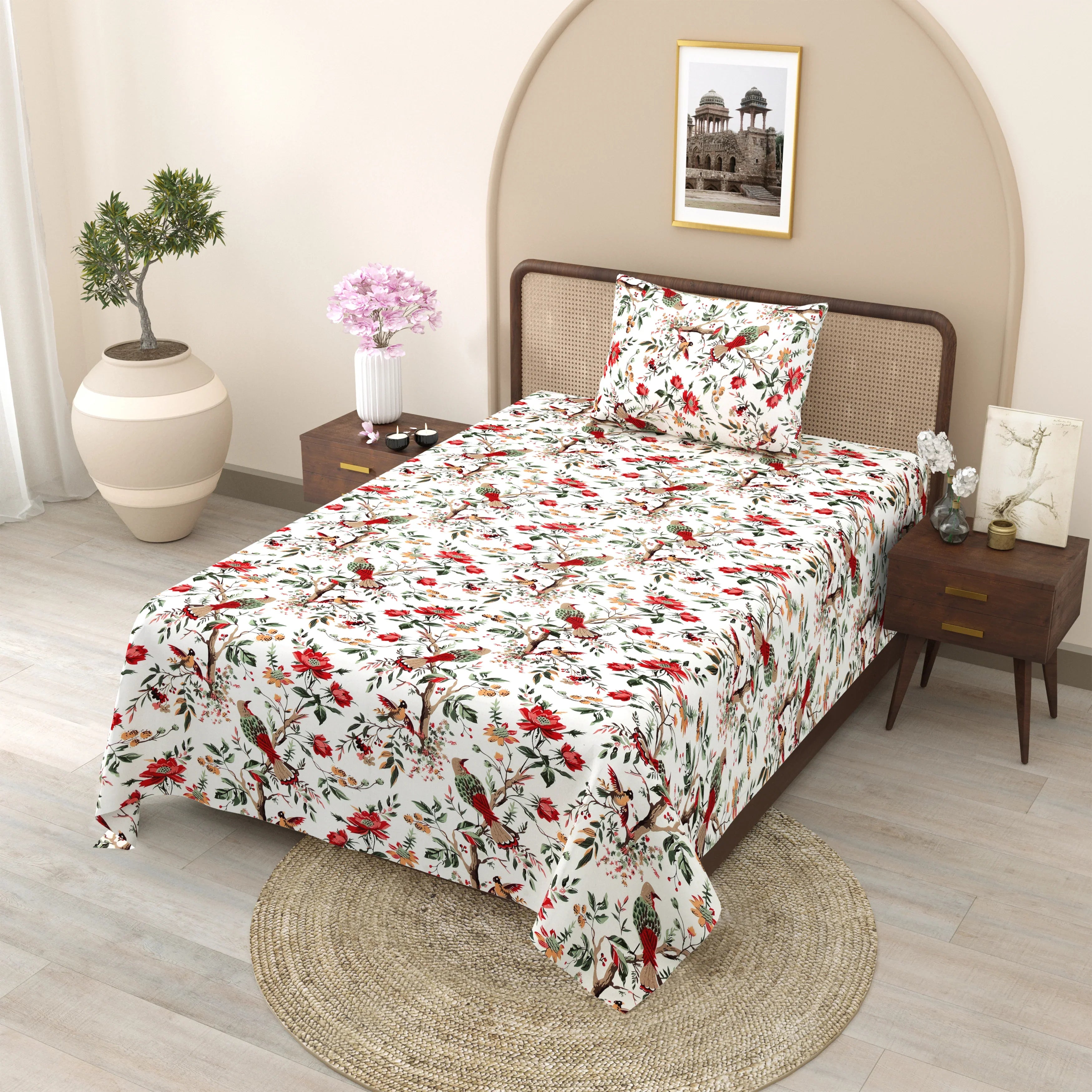 Flying Petals Hand Block Printed Cotton Single Bedsheet 60x90 inches