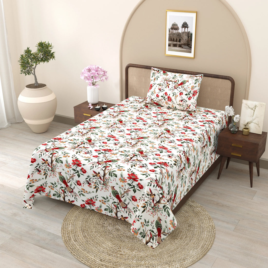 Flying Petals Hand Block Printed Cotton Single Bedsheet 60x90 inches