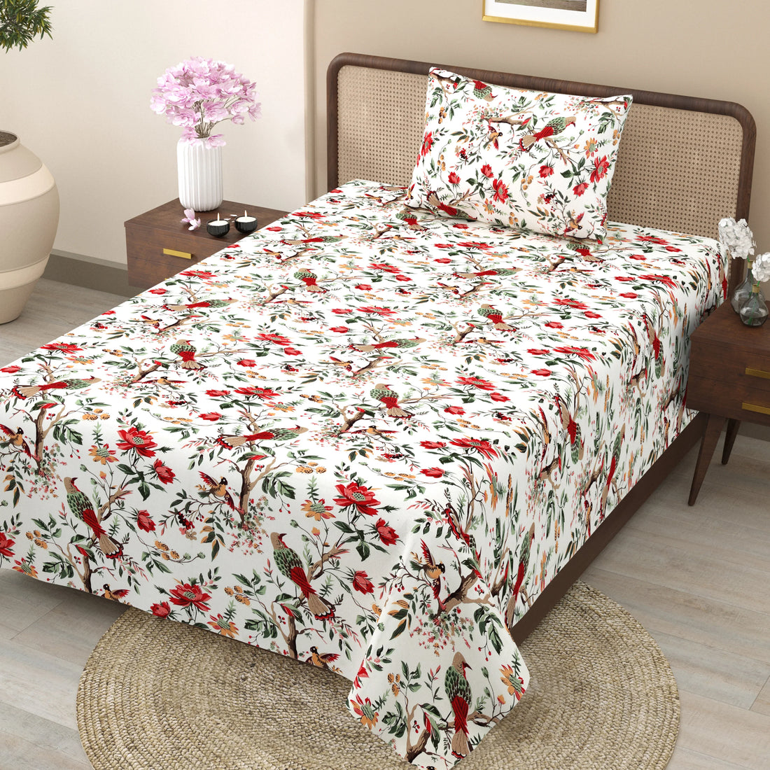 Flying Petals Hand Block Printed Cotton Single Bedsheet | 60x90 inches