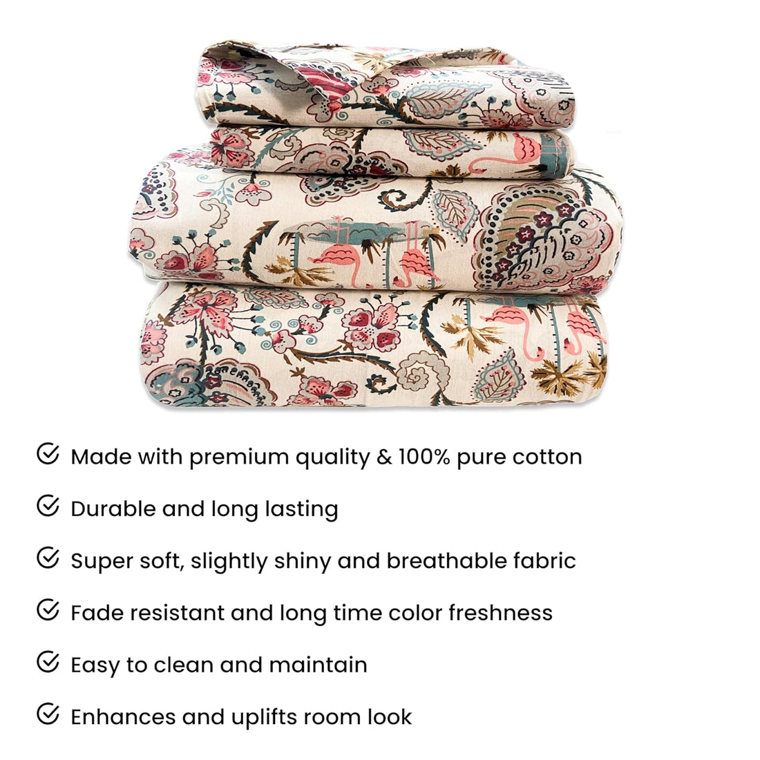 Flamingo Petals Hand Block Printed Cotton King Bedsheet Set | 90×108 | 240 TC
