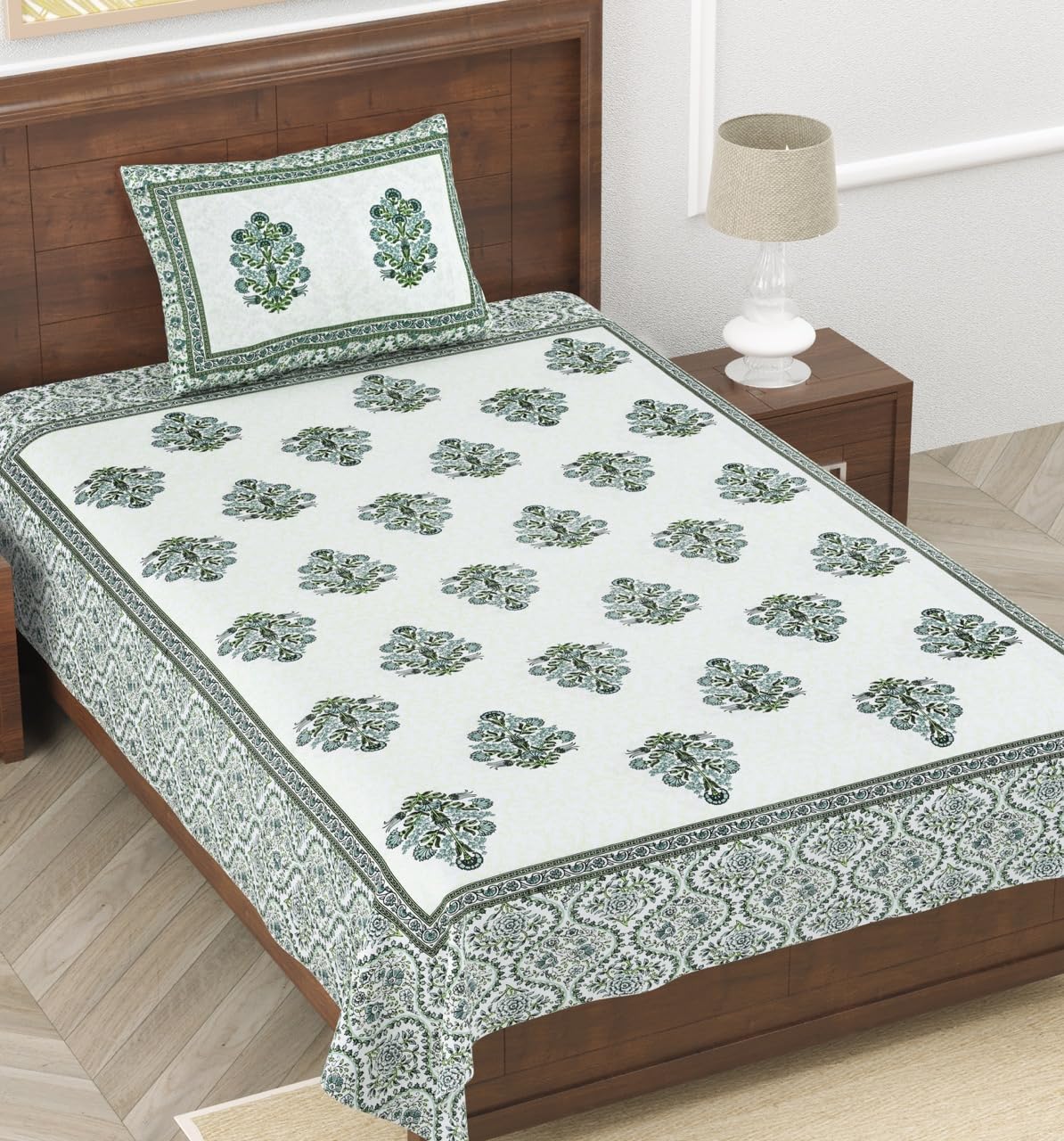Fulwari Green Fulwari Printed Base Hand Block Printed Cotton Single Bedsheet 60x90 inches