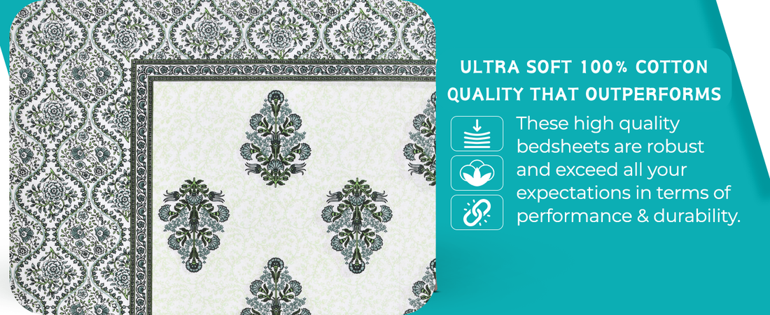 Fulwari Green Fulwari Printed Base Hand Block Printed Cotton Single Bedsheet | 60x90 inches