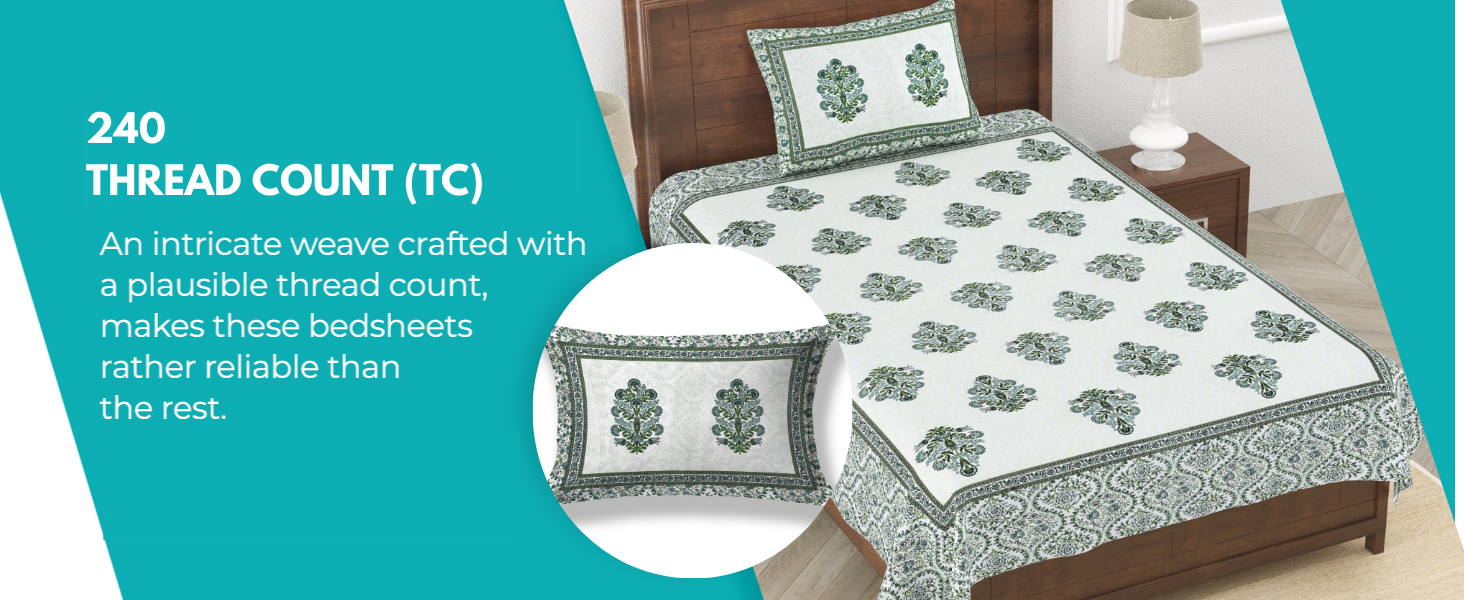 Fulwari Green Fulwari Printed Base Hand Block Printed Cotton Single Bedsheet | 60x90 inches