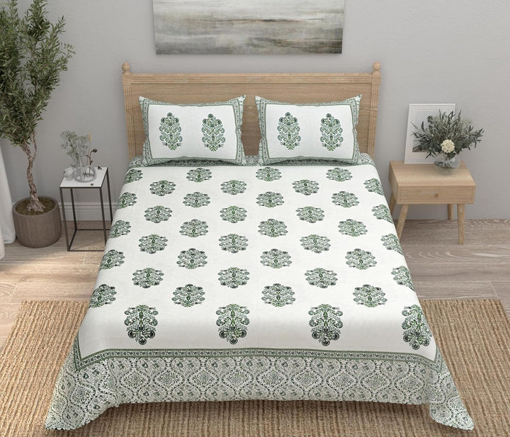 Green Fulwari Printed Base Hand Block Printed Cotton King Bedsheet Set