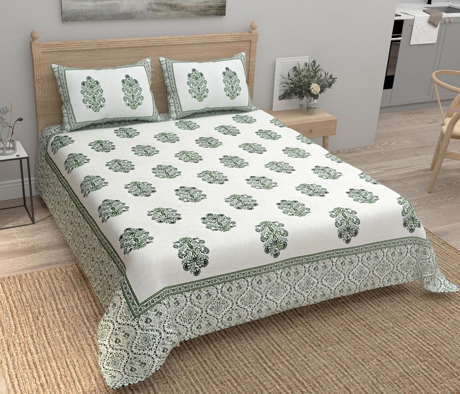 Green Fulwari Printed Base Hand Block Printed Cotton King Bedsheet Set | 90×108 | 240 TC
