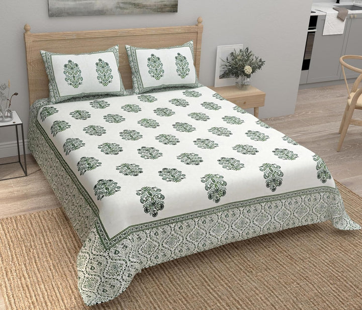 Green Fulwari Printed Base Hand Block Printed Cotton King Bedsheet Set | 90×108 | 240 TC