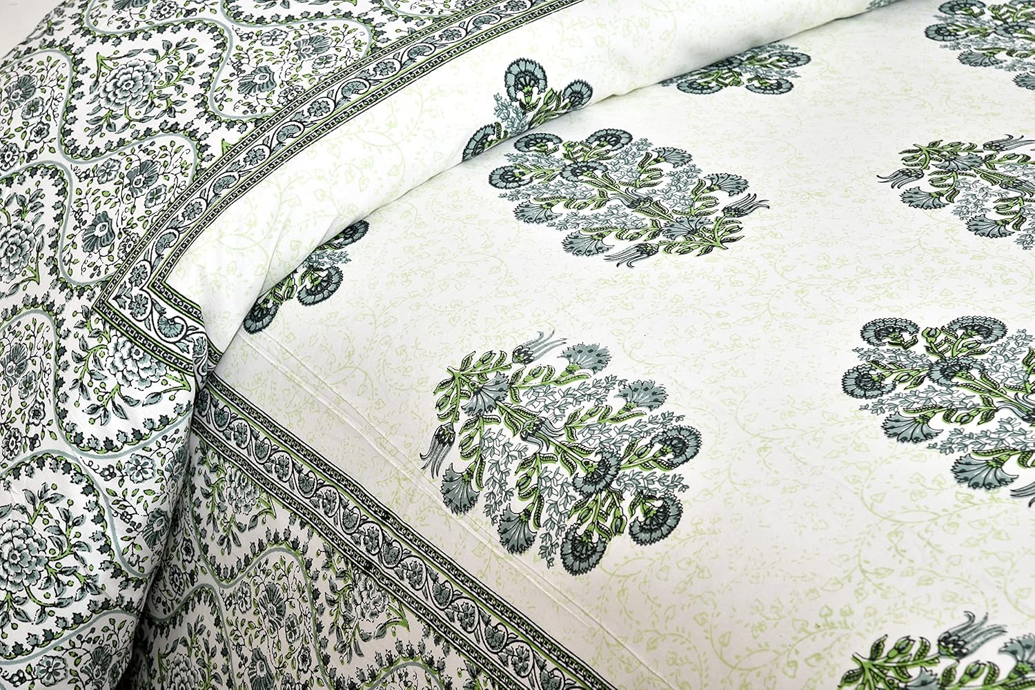 Green Fulwari Printed Base Hand Block Printed Cotton King Bedsheet Set | 90×108 | 240 TC