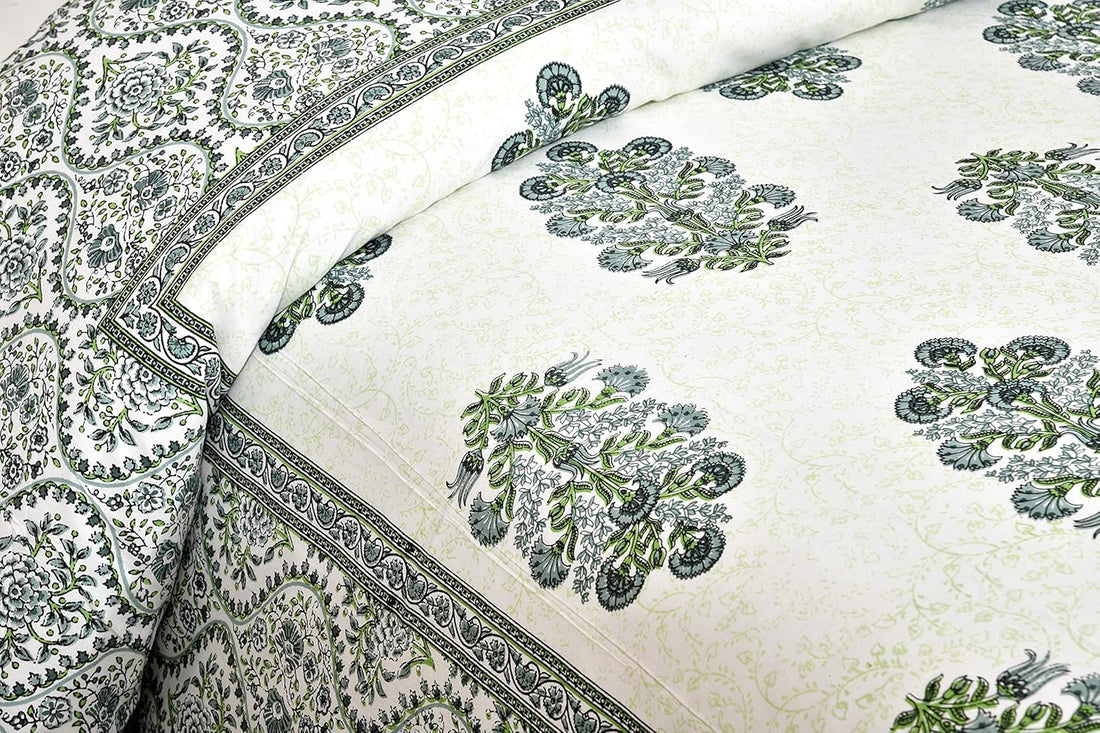 Green Fulwari Printed Base Hand Block Printed Cotton King Bedsheet Set | 90×108 | 240 TC