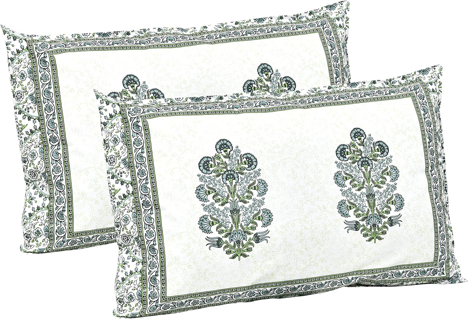 Green Fulwari Printed Base Hand Block Printed Cotton King Bedsheet Set | 90×108 | 240 TC