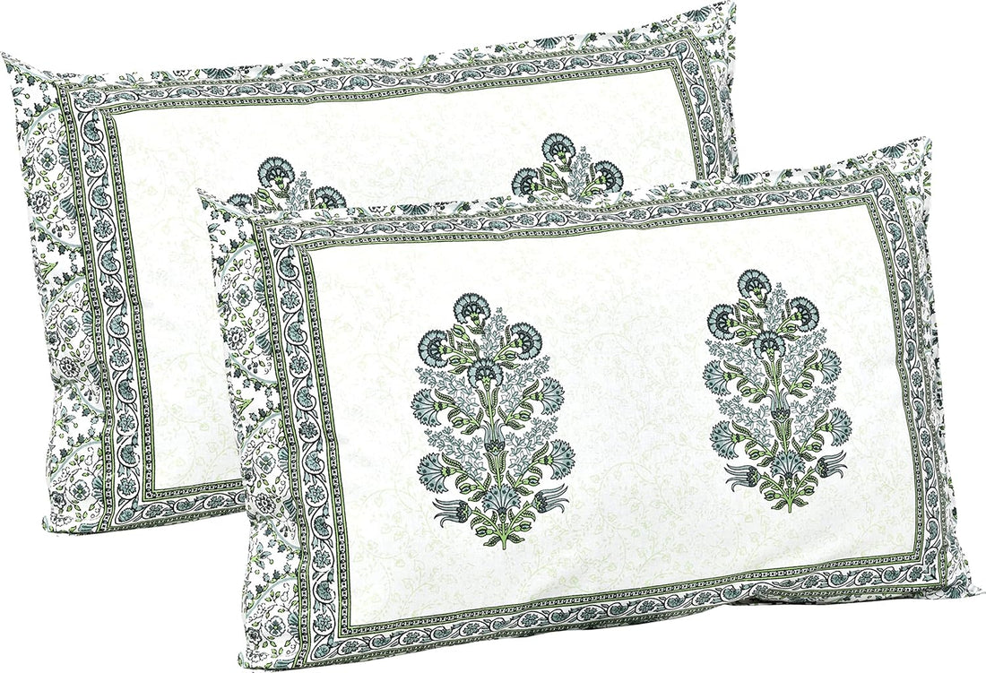 Green Fulwari Printed Base Hand Block Printed Cotton King Bedsheet Set | 90×108 | 240 TC