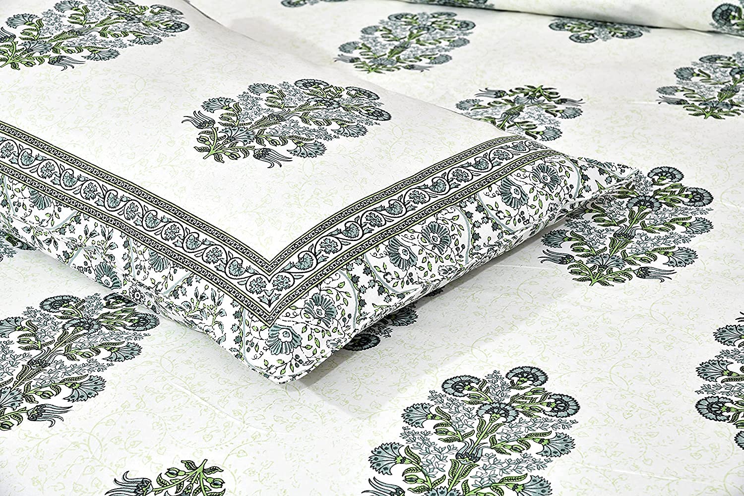Green Fulwari Printed Base Hand Block Printed Cotton King Bedsheet Set | 90×108 | 240 TC