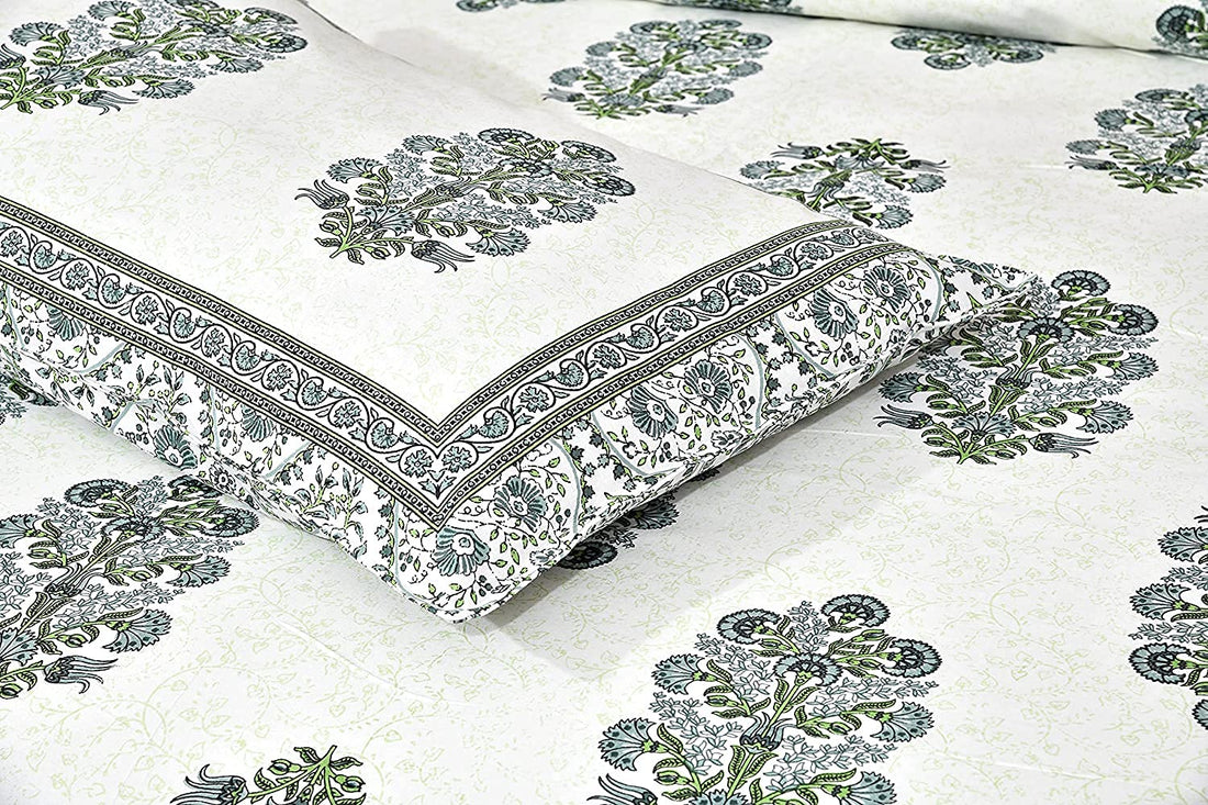 Green Fulwari Printed Base Hand Block Printed Cotton King Bedsheet Set | 90×108 | 240 TC