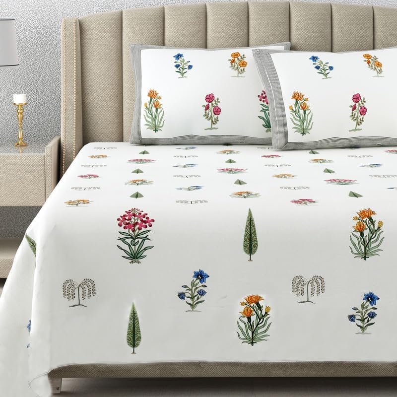 Gulzaar Hand Block Printed Cotton King Bedsheet Set